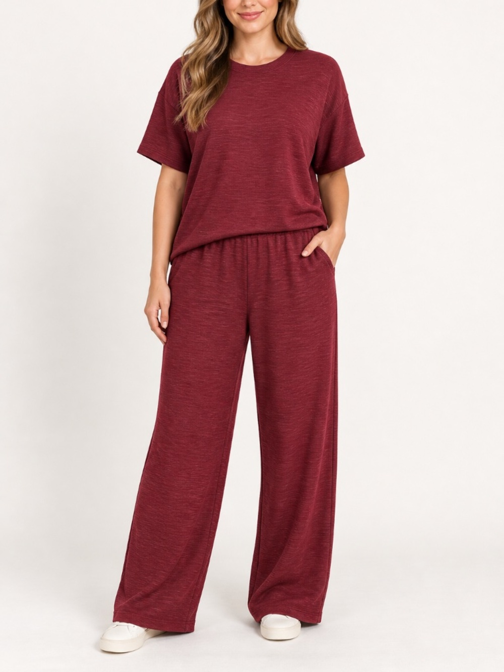 Zenana Dark Burgundy Ribbed Wide Leg Pants Two Piece Set